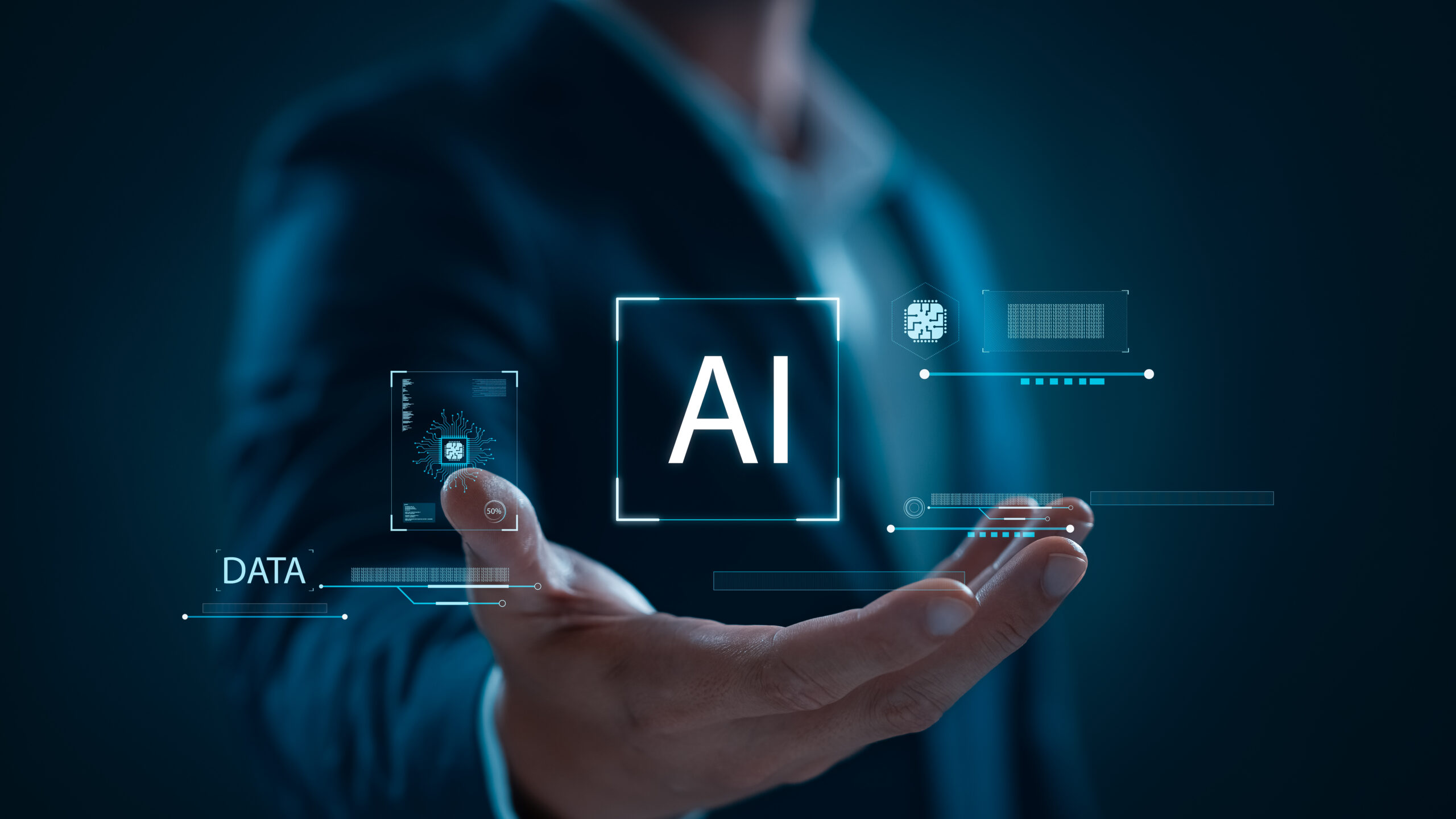 Businessman using artificial intelligence technology in future business.